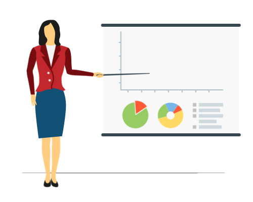 Маркетолог в красном пиджаке и синей юбке комментирует показатели посещаемости сайта на белой интерактивной доске с помощью указки