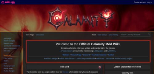 Скриншот настольной версии сайта calamitymod.wiki.gg