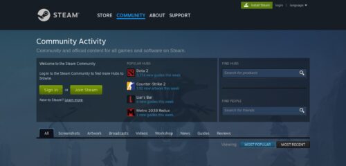 Скриншот настольной версии сайта steamcommunity.com