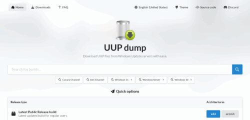 Скриншот настольной версии сайта uupdump.net